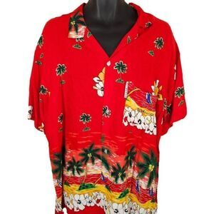 Vintage African Hawaiian Shirt Mens Size Large Red Y2K Ile Maurice All Over AOP